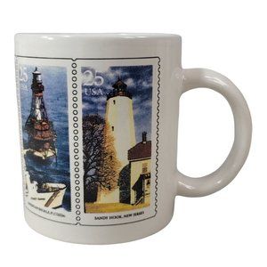 VTG US Postal Service Lighthouse 25 Cent Stamps Mug 4" 1989 NJ FL WA NC ME